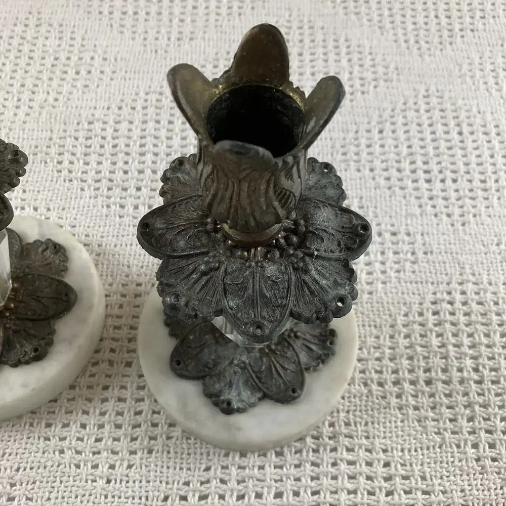 Marble Candlestick Holders Bronze A.B. Moulds Intricate Floral Pair 7